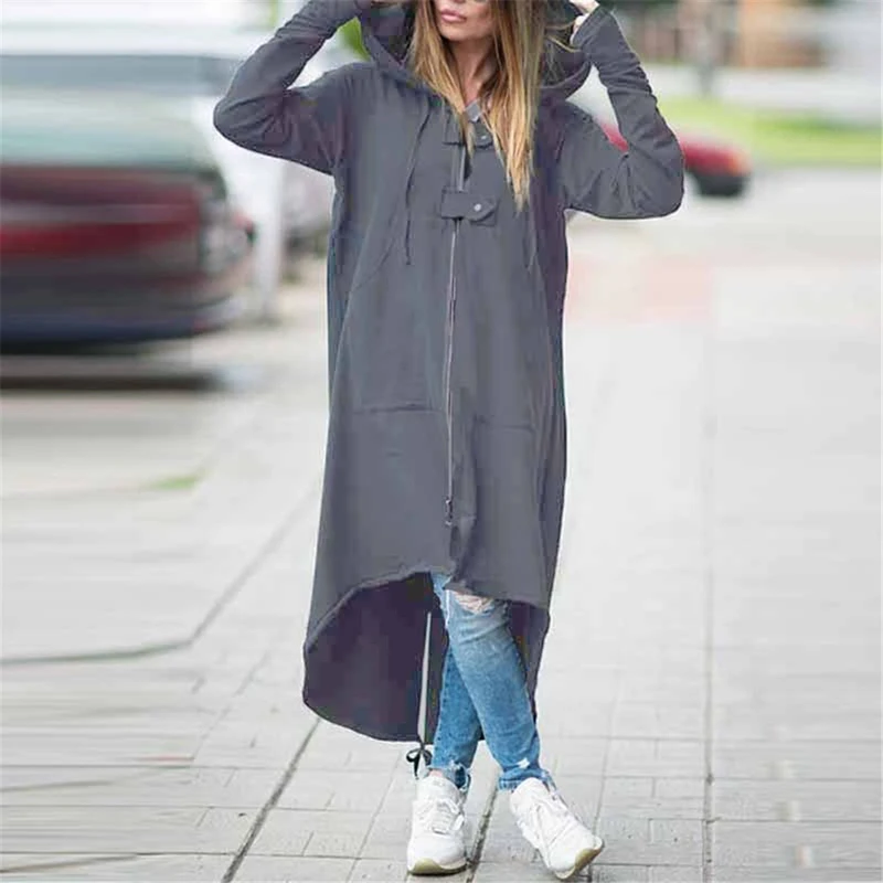 1pc New Long Trench Coats For Women Female Zipper Warm Hooded Irregular High Quality Windbreaker Outwear Feminino | Женская одежда