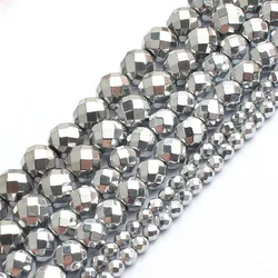 Faceted Silver Plated Rose Gold Hematite Natural Stone Beads for Jewelry Making - Round Loose Beads in Various Sizes (Silver)