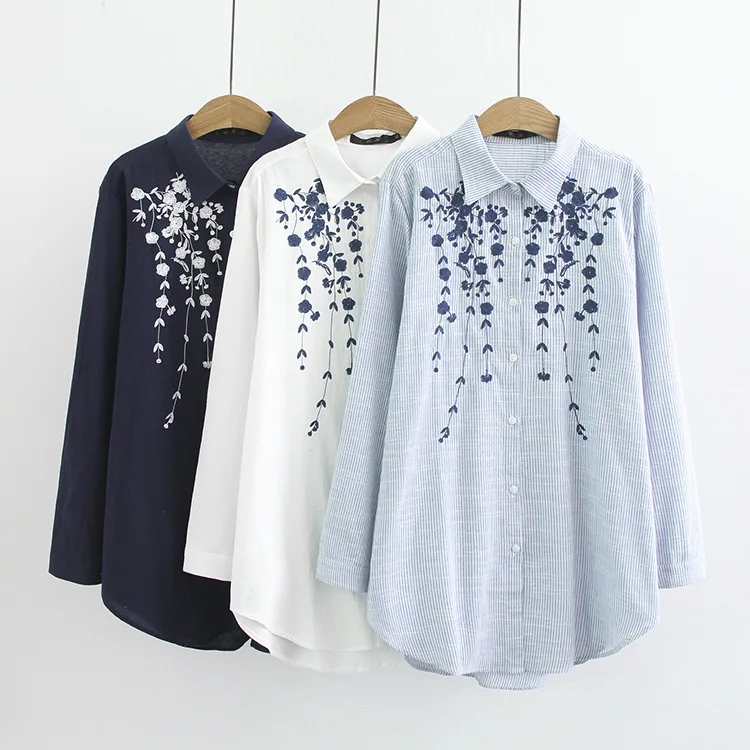  Plus Size Women Blouses Autumn Winter Clothing Casual Fashion Loose Long Sleeve Embroidery washed c