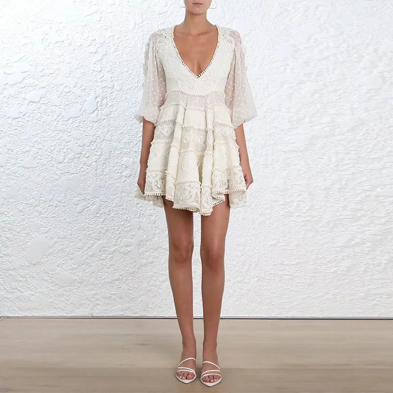 

CWBshowGG Autumn new lace hollow out dot ladies v-neck high waist lace tassel patchwork white mini vestidos dress elegant female