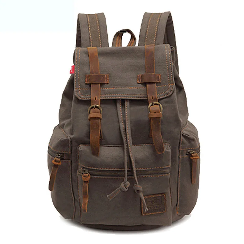 

Vintage Casual Backpack Imported Crazy Horse Cowhide And Canvas Men's Large Leisure Bag Students Outdoors Travelling Durable Bag