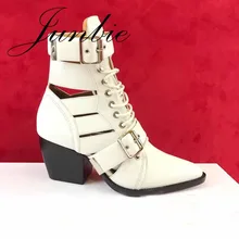 

JUNBIE New Genuine Leather Rome Gladiator Lace Up Women Autumn Boots Pointed Toe Thick Heel Women Boots Cutout Brand Shoes Women