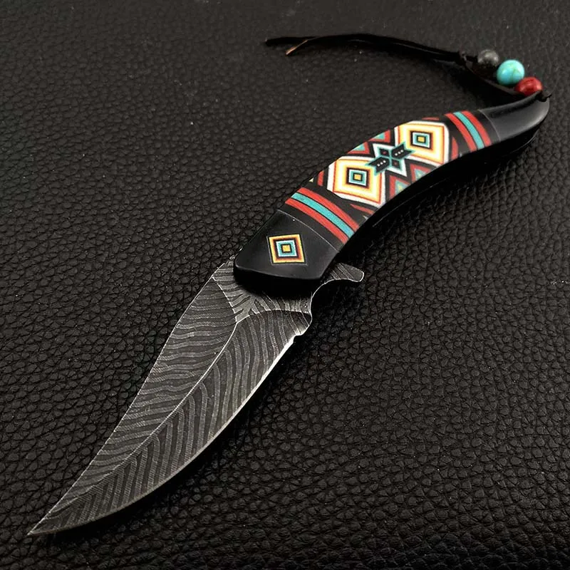 Местный нож, тактические складные карманные ножи, дамасский стиль, перо, нож для выживания, спасательный нож, инструменты для сбора - Цвет: black
