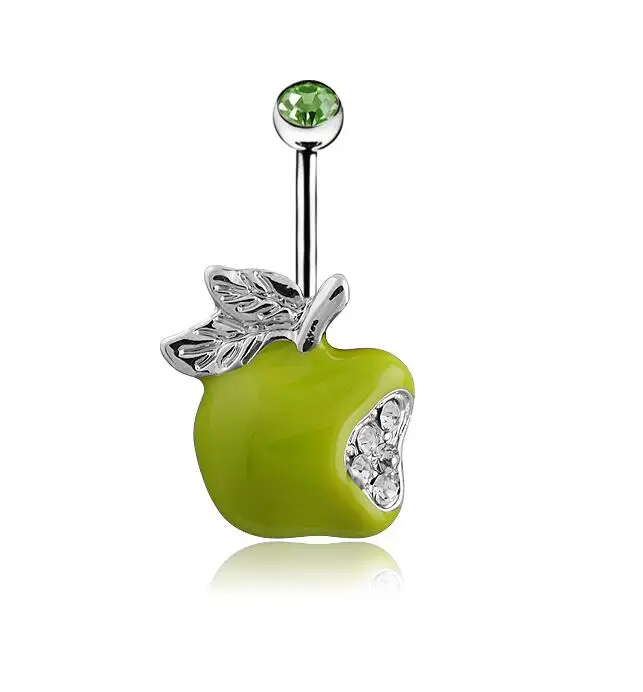 

2016 new Body Jewelry Rhinestone 316L medical steel Dangle green apple Button Barbell Belly Navel Ring Bar Piercing chain