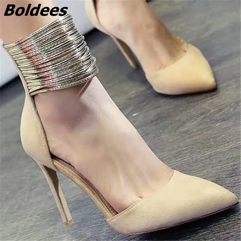 

Boldees Awesome Women Red Suede Pointy Heels Stylish Metal Rings Ankle Wrap Stiletto High Heel Pumps Back Zip High Quality Shoes