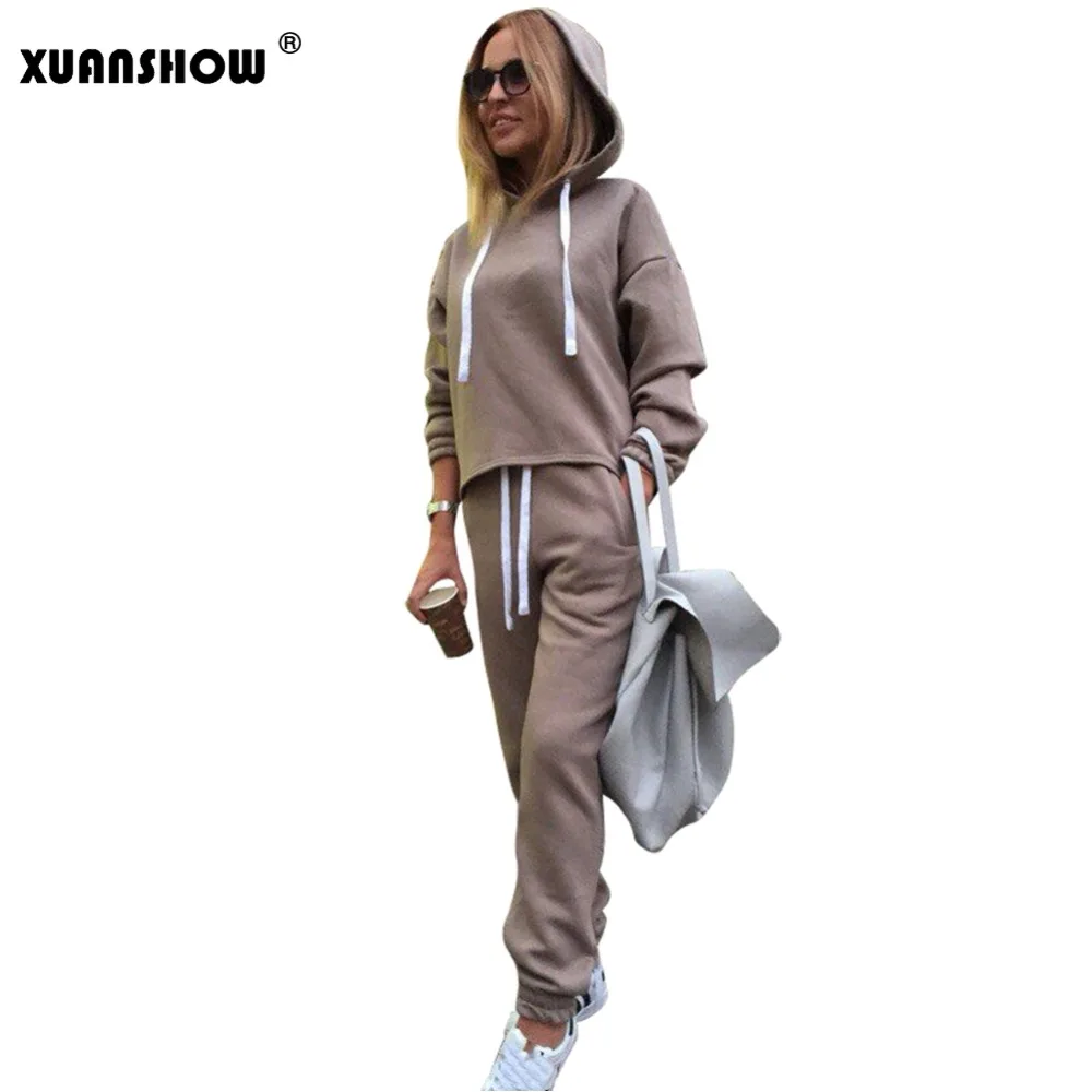

XUANSHOW 2018 New Winter And Autumn Female Sportswear Long Sleeve Hoodies+Full Pants 2 Piece Set Solid Casual Women's Outfits