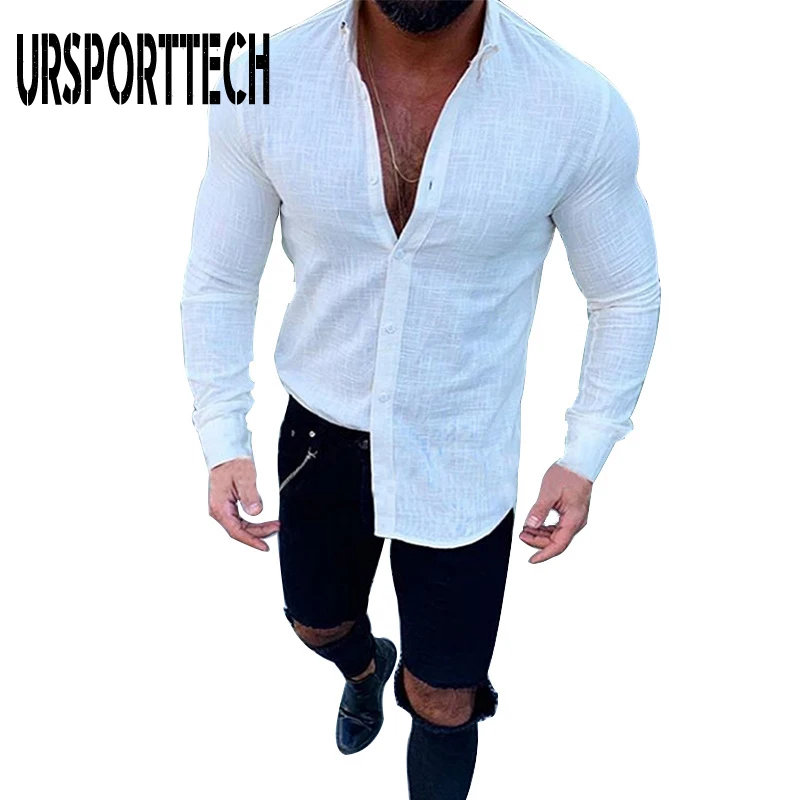 

URSPORTTECH High Quality Shirt Men Casual Long Sleeve Button Lapels Men's Linen Shirt Spring Autumn Streetwear Camisa Masculina