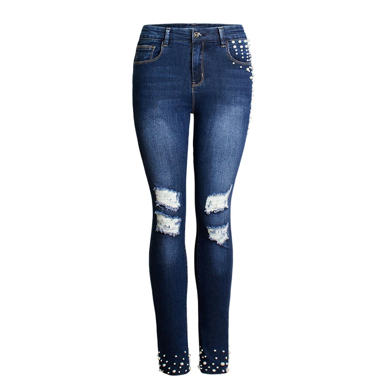 European station Europe and the United States new hole pearl cat toe cowboy high waist pants feet beaded straight jeans (11)