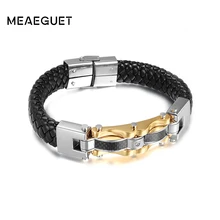 Мужские браслеты Meaeguet в стиле панк из натуральной кожи, браслеты из высококачественной нержавеющей стали золотого цвета, мужской браслет с подвесками