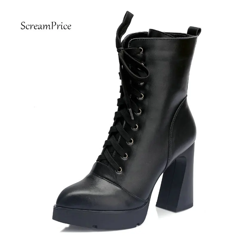 

Women Genuine Leather Thick High Heel Martin Boots Fashion Comfort Platform Zipper Pointed Toe Winter Ankle Boots Black White