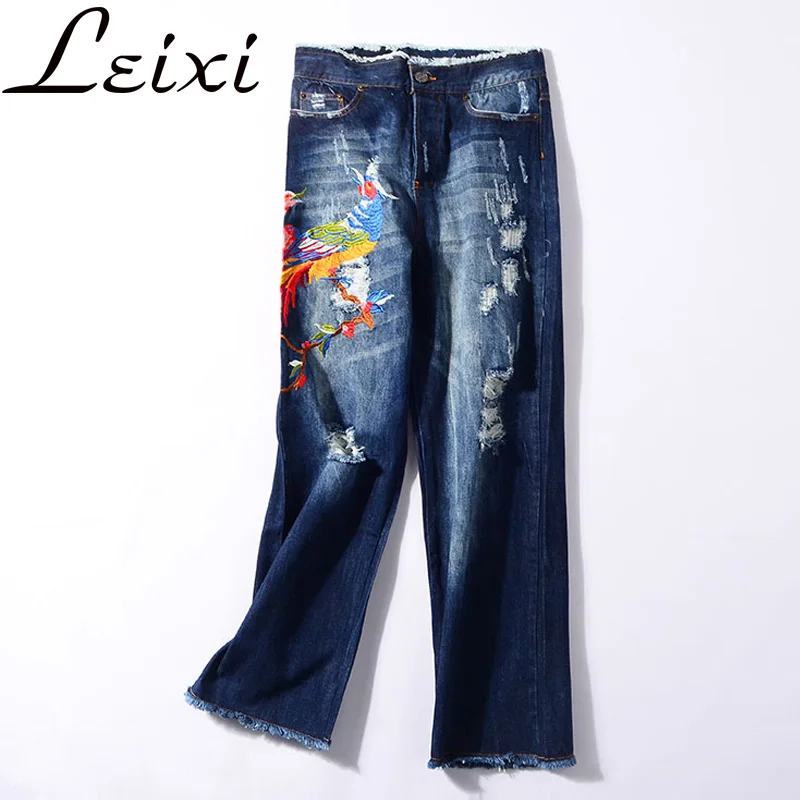 Embroidery high waist woman jeans skinny Vintage Ripped