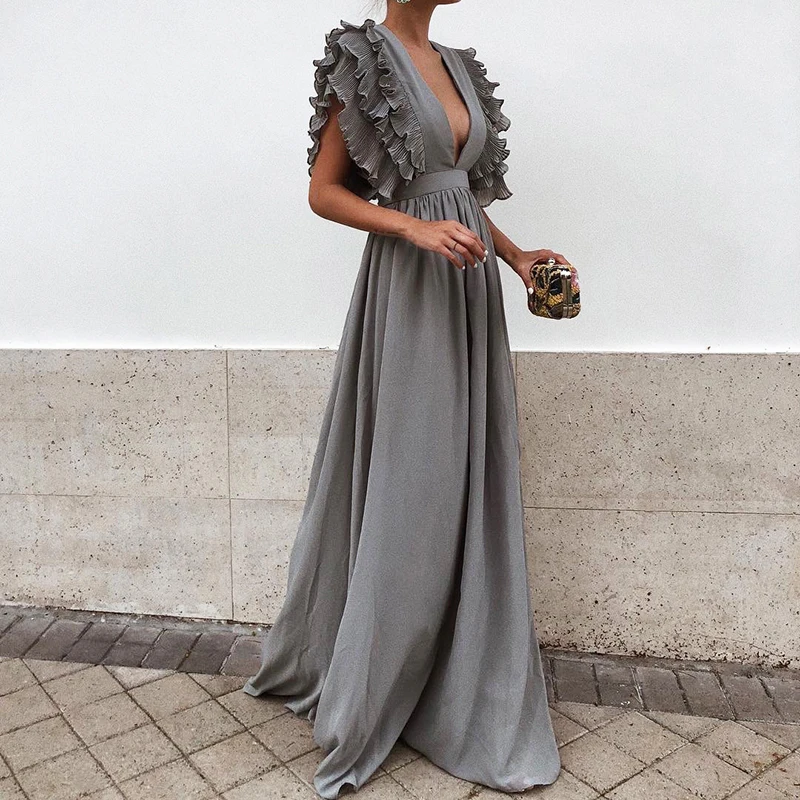 Fenghua Casual Plus Size Summer Dress Women 2018 Elegant Ruffles Long Party Dresses Female Sexy Deep V-Neck Wedding Maxi Dress