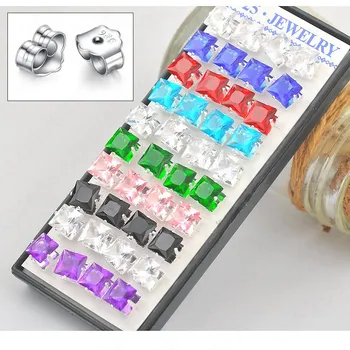 

Wholesale 80PCS(40prs) 925 Sterling Silver Stud Earrings AAA Square Rhinestone Jewelry With Box Sizes 6-8mm Multi Colors