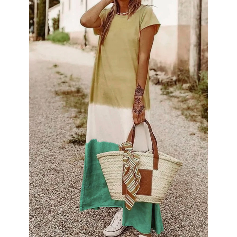 

Dip Dye Summer Dress Patchwork O Neck Short Sleeve Maxi Dresses Women Gradient Color Ankle-Length Dress Plus Size Clothes 2019