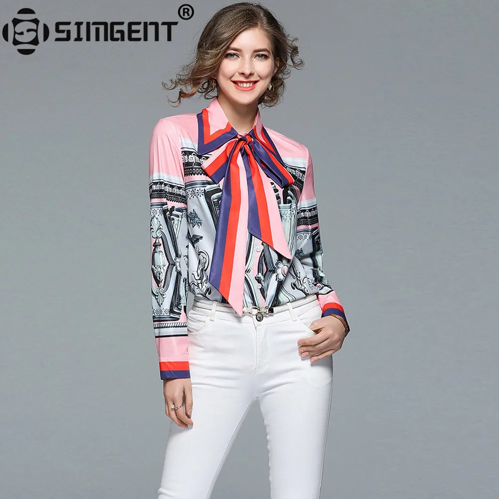 Acheter Simgent Travail Blouse Femmes 2018 Nouveau Printemps À Manches Longues Arc Tournent Vers Le Bas Imprimer Couleur Bloc Bureau Casual Piste Shirts SG8151