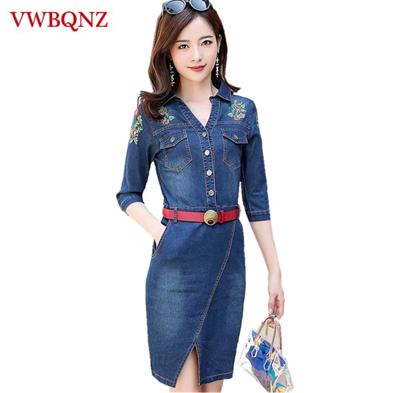 Casual Female Denim Dresses Autumn Office Slim Sexy Jeans Dress With Belt for Women V-neck Embroidered Denim Dress Plus size 3XL Casual Female Denim Dresses Autumn Office Slim Sexy Jeans Dress With Belt for Women V-neck Embroidered Denim Dress Plus size 3XL