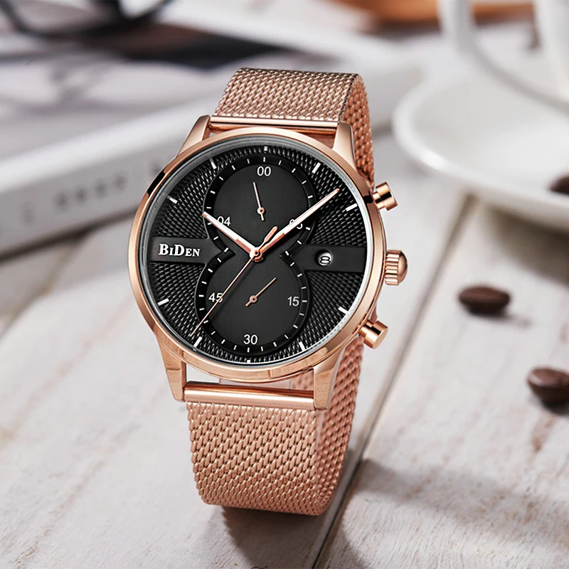 

BIDEN Ultra Thin Quartz Watches Mens Mesh Stainless Steel Watches Auto Date Wristwatches Man Business Simple Wristwatch 0094