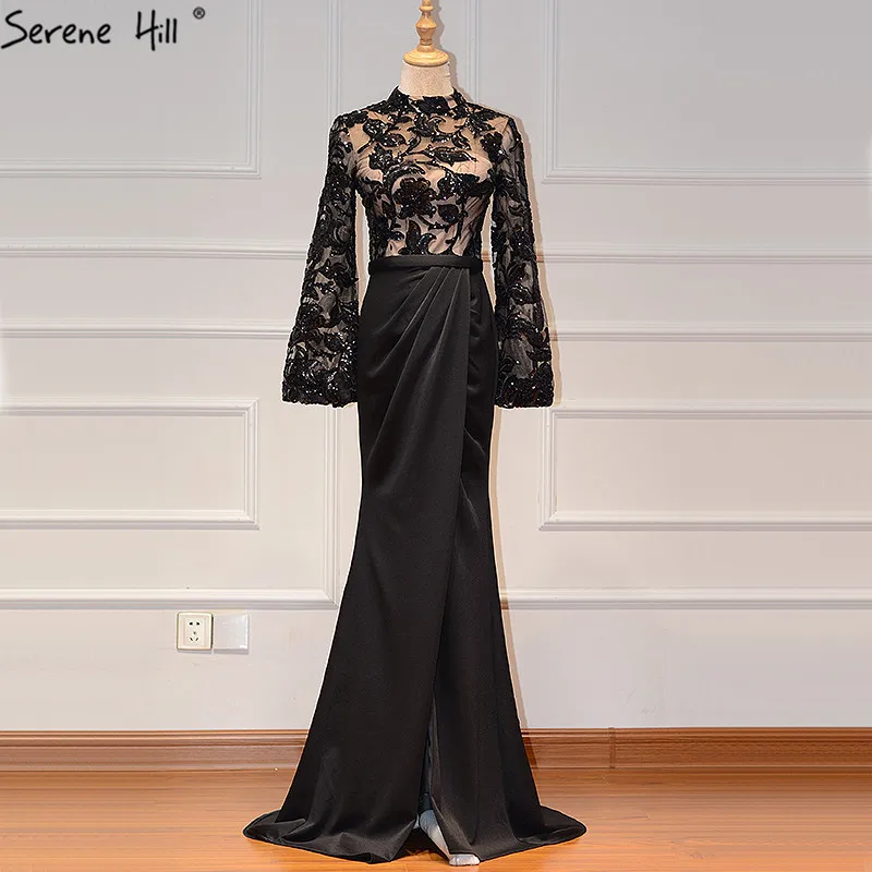 Черные вечерние платья с высоким воротником, с блестками, с длинным рукавом, атласные вечерние платья - Цвет: black