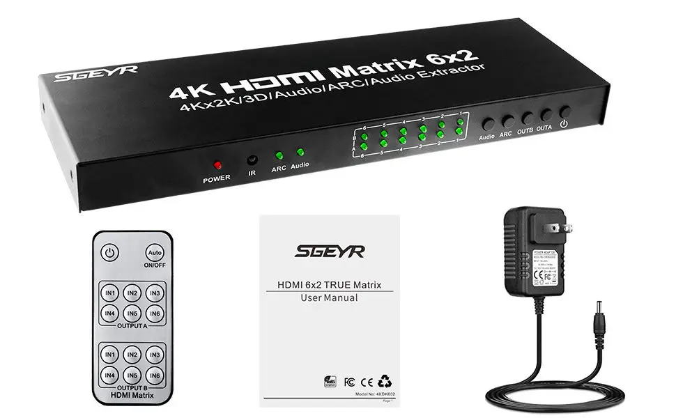 6 портов HDMI матрица 6x2 HDMI коммутатор разветвитель 6 вход 2 выход с ИК-пультом поддержки ARC SPDIF оптический и 3,5 мм аудио выход