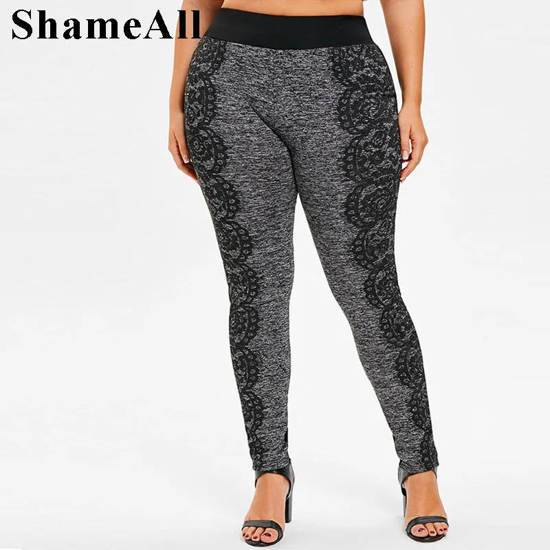 

Plus Size Black Lace Color Block Grey Leggings 3Xl 5Xl Spring Streetwear Sexy Skinny High Waist Sporting Legging Pencil Pants