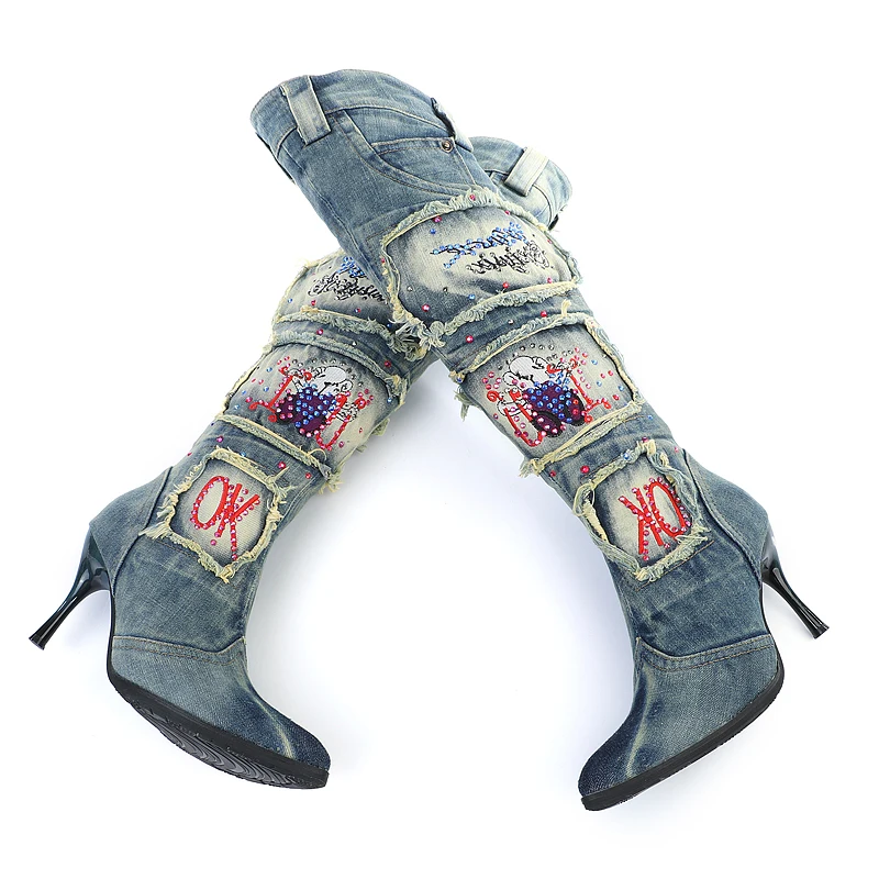 Haute De Rhinestone Le Chevalier Gladiateur Sxq0602 Sur beading Perles Bottes Automne Chaud Mince Strass Denim Combat Talons Genou Fix Hiver Femmes Jean Hot 5Rj4AL