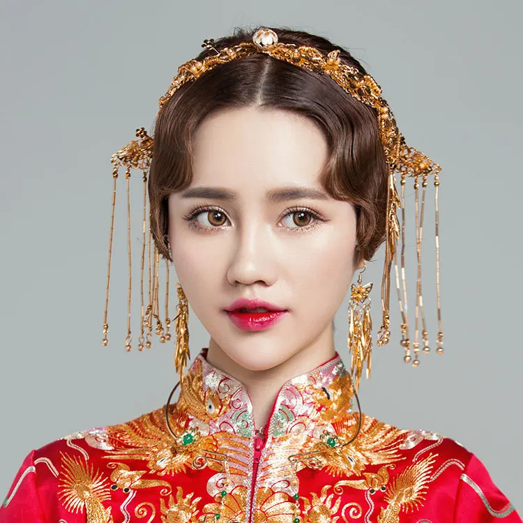 Classical Chinese Golden Hair Main Crown Earrings Wedding Style