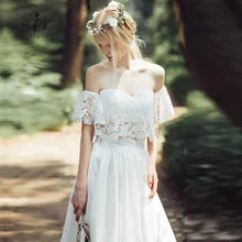Off the Shoulder Wedding Dress 2-pieces Lace Modest Informal Bridal Gown Crop Top Chiffon Skirt Off the Shoulder Wedding Dress 2-pieces Lace Modest Informal Bridal Gown Crop Top Chiffon Skirt