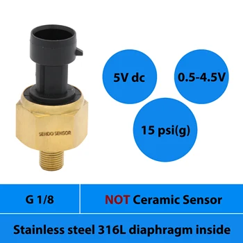 

0 15psi gauge pressure sensor, 1 bar, 100 Kpa, 0.5 to 4.5V signal, AISI 316L diaphragm, G1 8 inch thread, 5Vdc power, packard