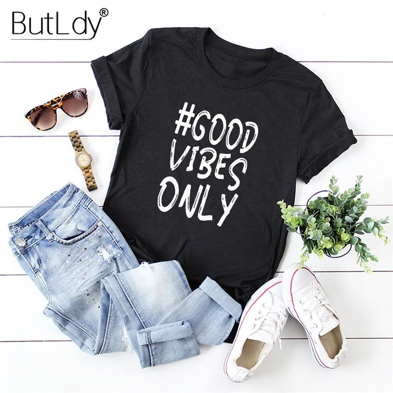 GOOD VIBES ONLY/женская футболка с буквенным принтом 100% хлопок короткий рукав женская