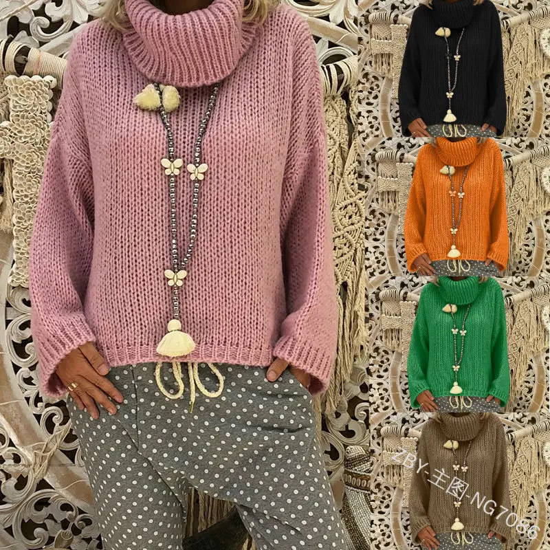 

Women's Sweater 2019 autumn new solid color turtleneck sweater long sleeve loose head size plus ladies sweater
