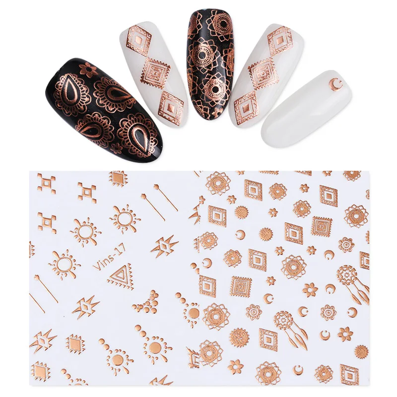 

Harunouta 3D Nail Sticker Rose Gold Tribal Holographic Leaves Nail Art Adhesive Transfer Decals Nails Silver Design