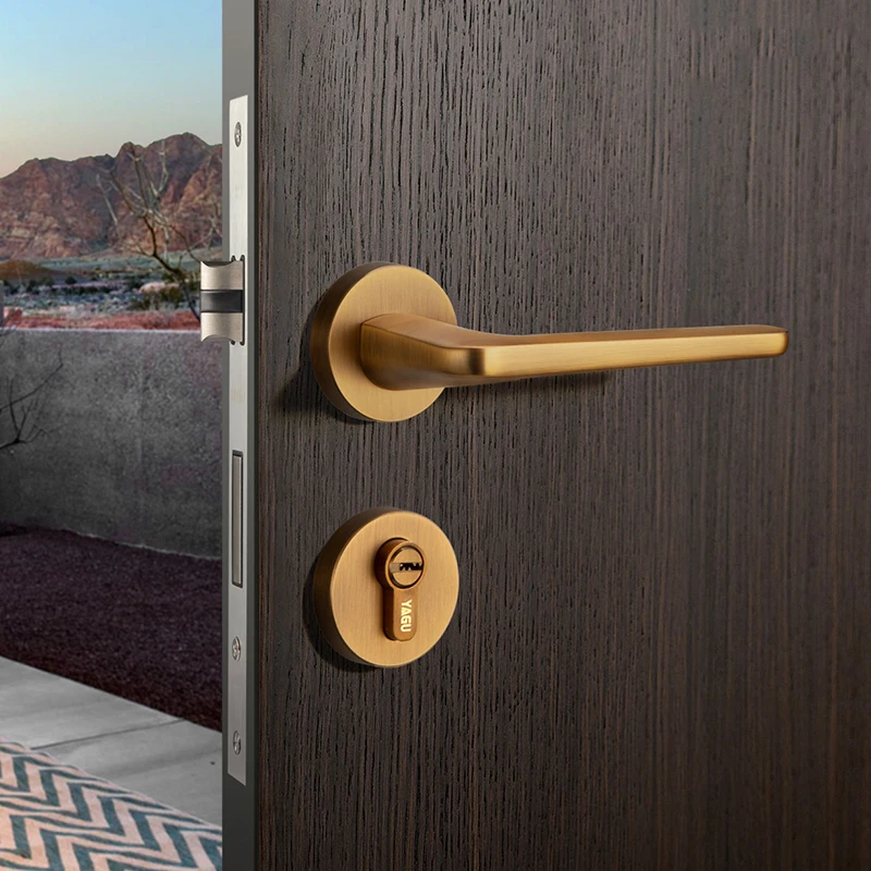  1 Set /Door Lock Modern Style Retro Bedroom Yellow bronze Door Handle Lock Interior Anti-theft Room - 33022476148