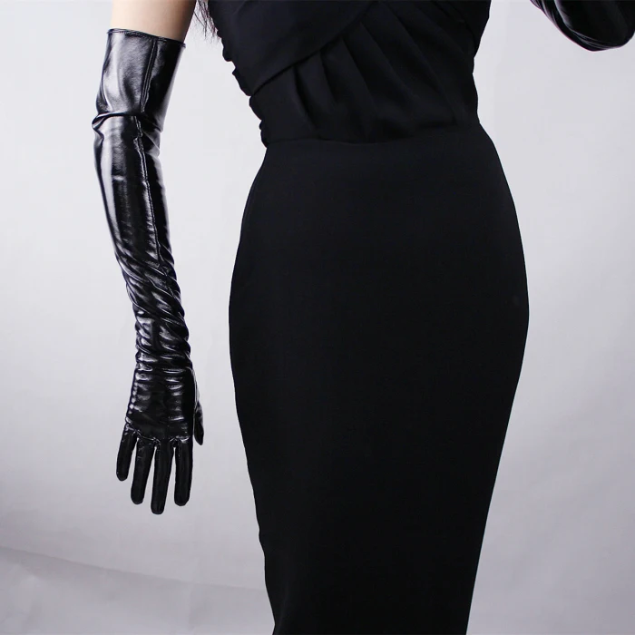 Зимние женские модные Искусственная кожа рукав женские лакированные кожаные Варежки женские Длинная стильная Сенсорный экран перчатки 60