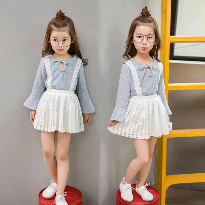 

DOZ384 Girls Spring-Autumn Dress 2019 Lace Pattern Long Sleeve Girls Dress Top shirt + Tutu white Dress 2 pcs girl suit