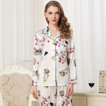 

CEARPION Women Print Flower Long Sleeve Pajamas Suit Autumn Spring New Silk 2pcs Shirt+pant Sleepwear Casual Home Clothes