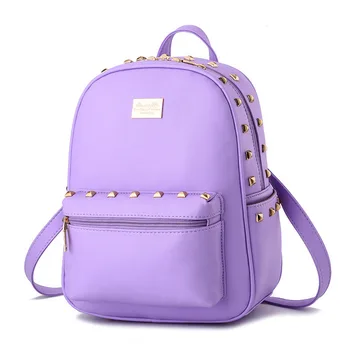

Purple High Quality PU Girls' Schoolbag Women Backpacks Casual Traveling Bag Rivets Adjustable Straps