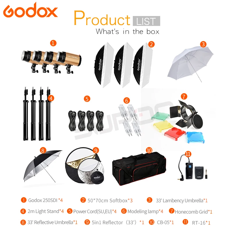 Godox 250SDI 4x250W студийная вспышка светильник стенд с сумкой для переноски в виде