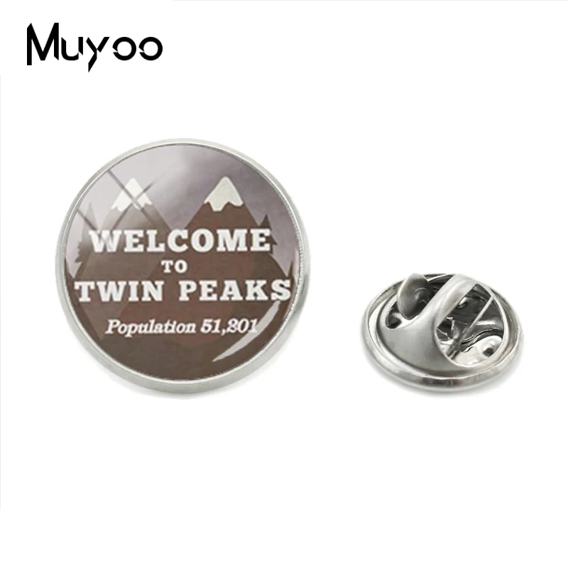 

2018 New Art Glass Cabochon Twin Peaks Metal Lapel Pins Twin-Peaks Role Logo Round Photos Hand Craft Silver Mens Collar Pin