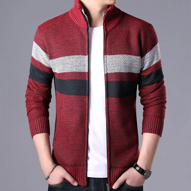 2019 autumn and winter stitching lapel plus velvet thick sweater coat casual hit color warm slim knit cardigan men's sweater