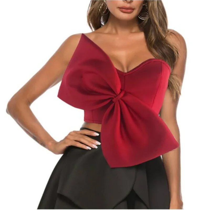 

Elegant 3D Bowtie Wrapped Chest Pleated Camis Stitching Vest Sleeveless Shirts Irregular Tanks Party Zipper Tube Tops