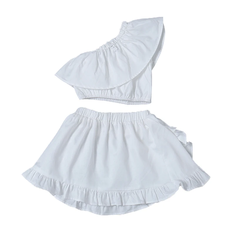 

2019 Baby Girls Summer Clothes Set Casual Summer Solid Print Off-shoulder Tops Blouse+Short Skirts Suits Cotton Costume Set
