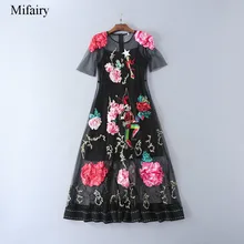 2017 S&S Black Sheer Lace Embroidery Long Women Dress Luxurious Solid Flowers Maxi Gown Milan Runway Gown D061711