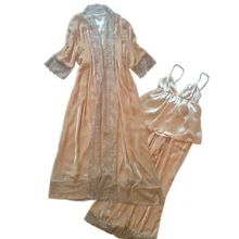 Зимняя Брендовая женская модная Высококачественная шелковая бархатная пижама из трех предметов, сексуальный комплект с длинными рукавами и бархатом, ночная рубашка+ штаны+ Топ