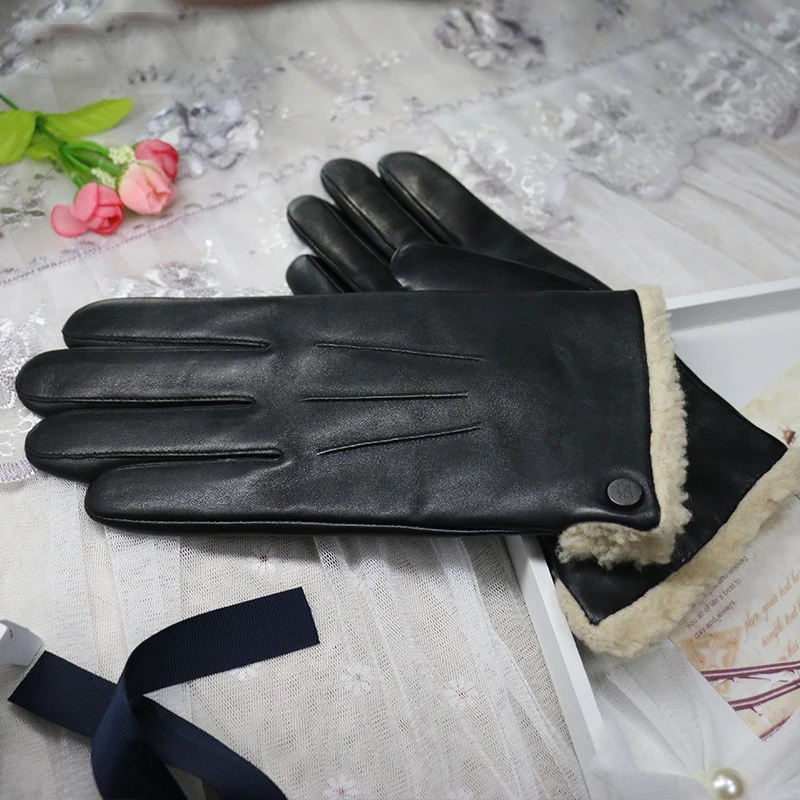 Женские короткие перчатки из натуральной кожи теплые зимние овечьей шерсти и