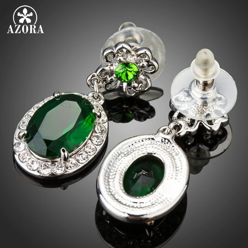 AZORA White Gold Color Oval Green Cubic Zirconia Flower Drop Screw Back Earrings TE0280
