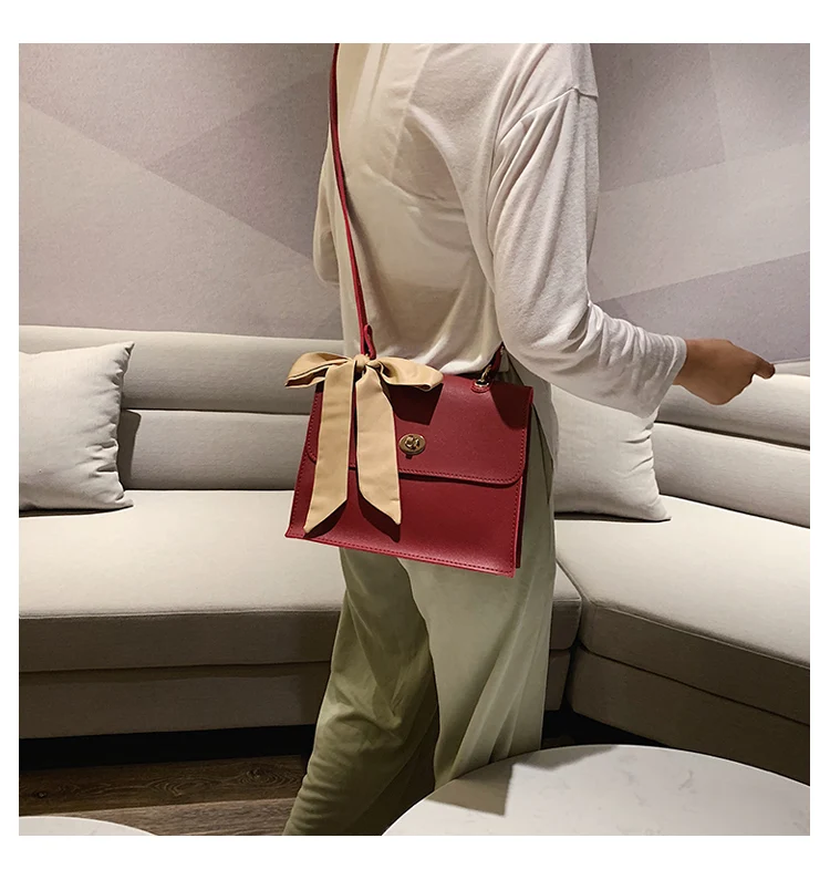 Elegant Female Ribbon Bow Flap Square bag New Quality PU Leather Women's Designer Handbag Travel Shoulder Messenger Bag