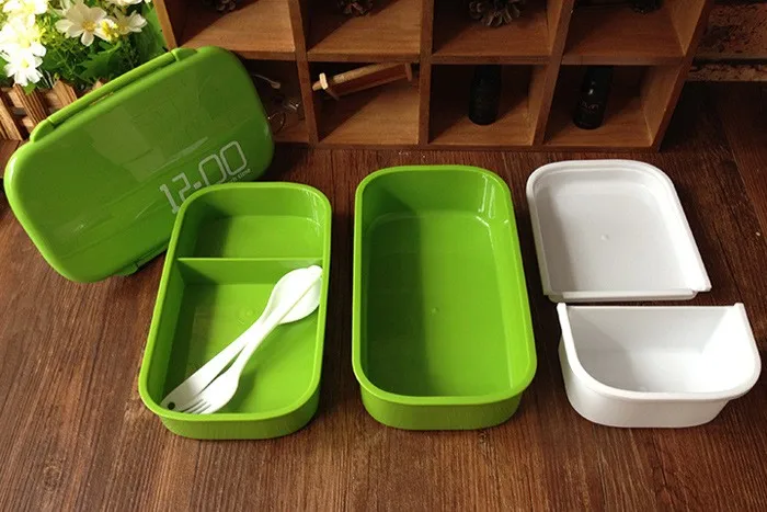 Двухслойные ланчбоксы, дизайн времени, 4 цвета, большая коробка для еды, посуда, микроволновая посуда, наборы посуды