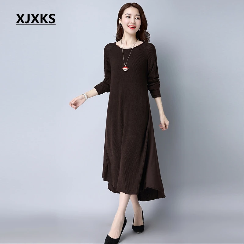 

XJXKS High-ends patchwork loose hem unique design women loose dress 2019 new arrival solid color stretch women sweater dress