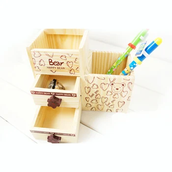 

Creative Three Layers Wooden Pencil Holder Korean Stationery Logs Happy Love Bear With Double Drawer Pen Holder Jewelry Box