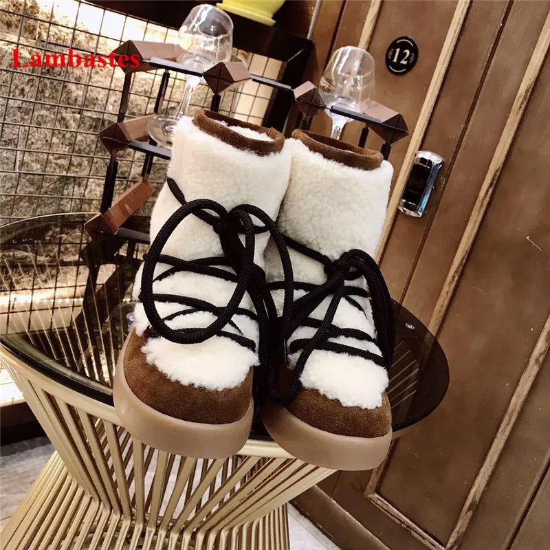 

Hiver Bottines Femme White Round Toe Lace Up Short Plush Ankle Women Snow Boots Warm Cross-tied Flat Outdoor Cotton Botas Mujer